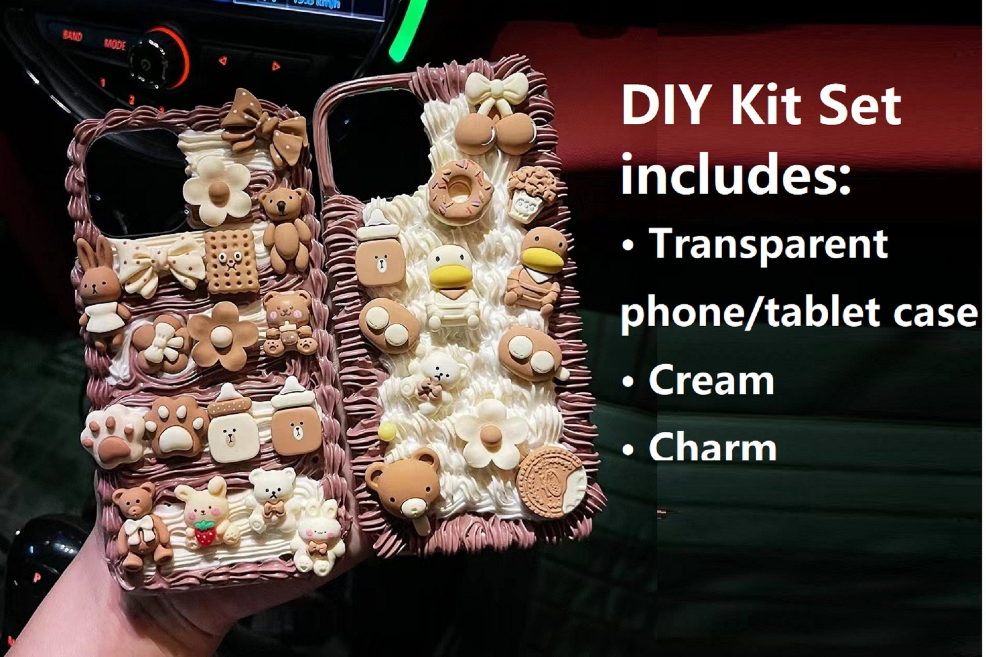 Decoden Phone Case DIY Kit Teddy Bear Cookies Rabbit Ducks Donuts Bottles  Bows Cream Charms Samsung Android Apple iPhone Tablet 