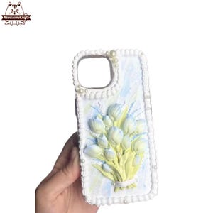 Finished Handmade Decoden Phone Case | Ribbon Tied Blue Flowers Bunch | Samsung | Android | Apple iPhone | Tablet