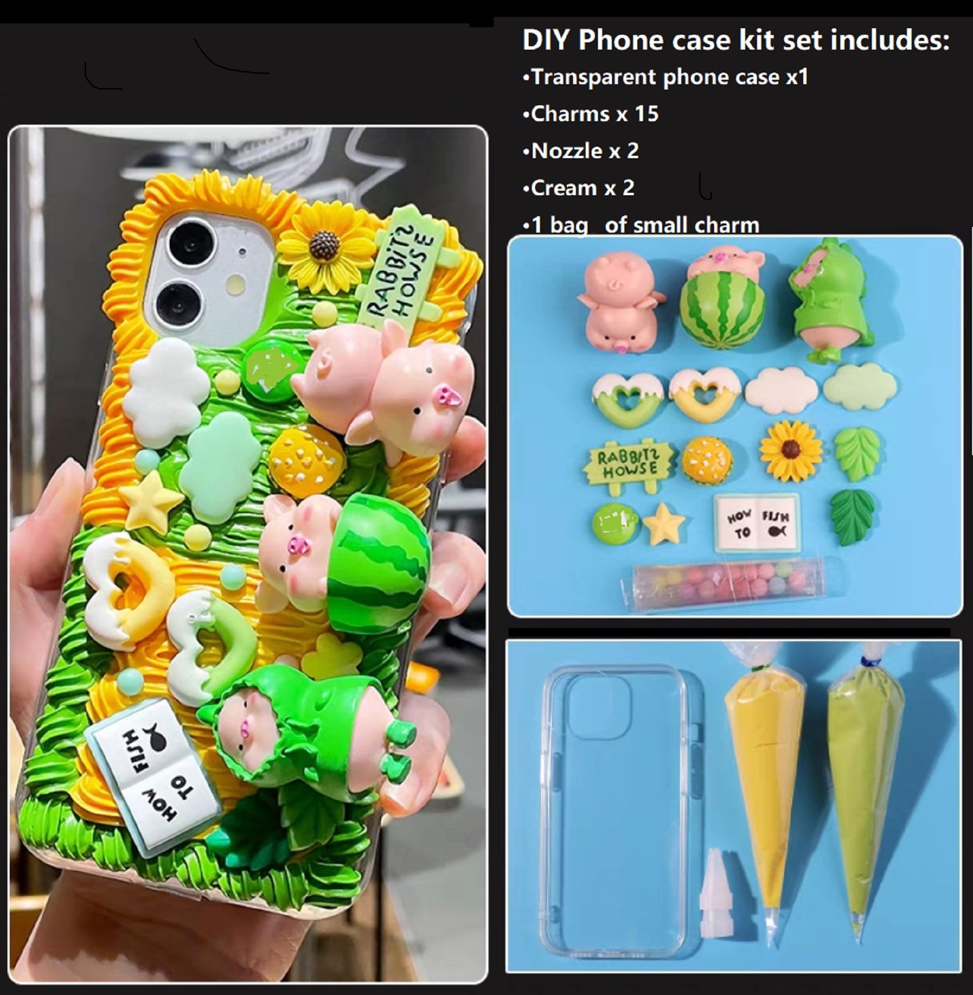 Decoden Phone Case DIY Kit Iridescent Flowers Bows Stringed Pearls Frames  Cream and Charms for Samsung Android Apple iPhone Tablet 