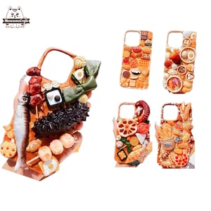 May include: Four different phone cases decorated with various food items. Each case features a different theme, including seafood, sushi, dim sum, and bread. The cases are all made of a soft, flexible material and have a clear back.