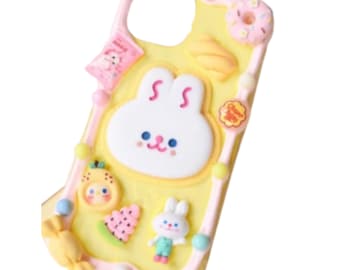 Finished Handmade Decoden Phone Case | Kawaii Rabbit Face Food Candy Color Pearls | Samsung | Android | Apple iPhone | Tablet