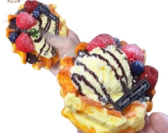 Realistic Fruit Ice Cream Waffles  Food Squishy Squeezable Stress Relief Sensory Fidget Toy