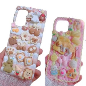 Decoden Phone Case DIY Kit | Kawaii Cat Rabbit Eggs Toast Cookies Flowers | Cream and Charms for Samsung | Android | Apple iPhone | Tablet