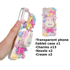 Decoden Phone Case DIY Kit | Kawaii Rabbit Ice Cream Sandwich Candy Hearts | Cream and Charms for Samsung | Android | Apple iPhone | Tablet