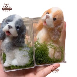 May include: Two small felt dog figurines in clear plastic boxes with green moss. The dog on the left is gray and white, and the dog on the right is brown and white.