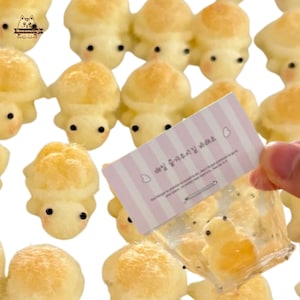 May include: Close-up of multiple turtle-shaped pastries with black eyes and light brown shells. A small pink and white striped card with Korean text is held in front of some of the pastries. The pastries are in a clear plastic bag.