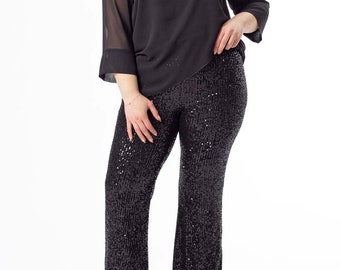 Black Plus Size Trousers, Sequined Trousers, Flared Trousers, Stylish Bottoms, Large Sequined Trousers, High Waist, Designer Trousers