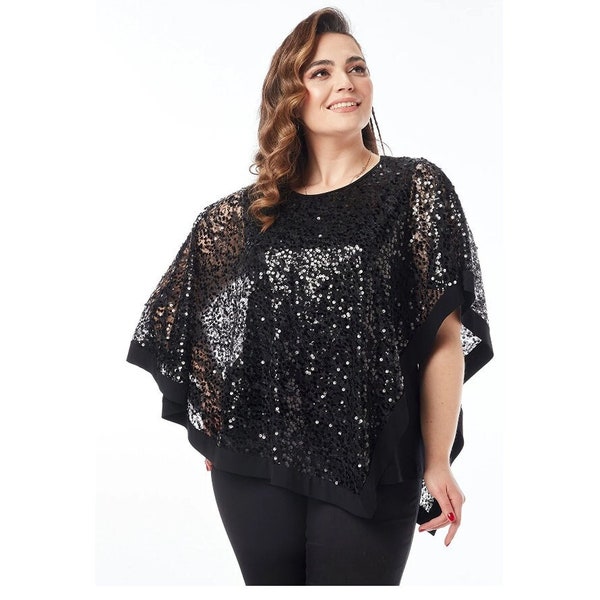 Funkelnde Abend Top, Schwarz Plus Size Bluse, Bequeme Lockere Passform, Große Tunika, Anlass Wear, Cape Bluse