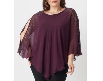 Sparkling Evening Top,Chiffon Blouse, Black Plus Size Tunic, Comfortable Loose Fit, Large  Size  Blouse, Occasion Wear, Cape Blouse