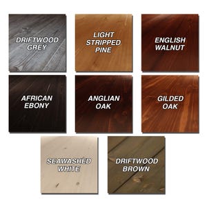 Puede incluir: Nueve muestras de suelo de madera en diferentes colores y tipos de madera. Las muestras están etiquetadas con los siguientes nombres: Driftwood Grey, Light Stripped Pine, English Walnut, African Ebony, Anglian Oak, Gilded Oak, Seawashed White, Driftwood Brown.