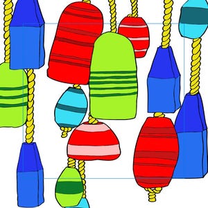 May include: A colorful illustration of various buoys in shades of red, green, blue, and turquoise, hanging from yellow ropes. The buoys have different shapes and patterns, creating a nautical theme.