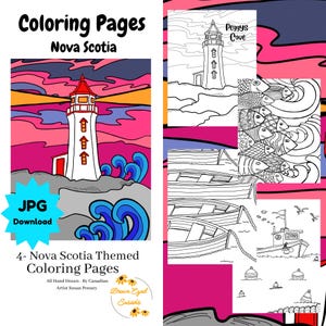 May include: Four black and white coloring pages featuring a lighthouse, boats, and fish. The pages are titled "Peggys Cove" and "Nova Scotia Themed Coloring Pages".