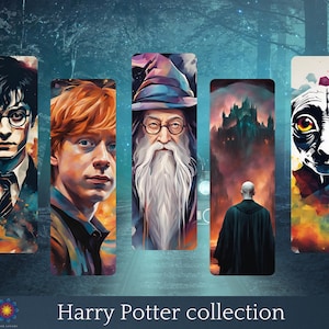 May include: A set of five Harry Potter themed bookmarks. The bookmarks feature colorful illustrations of Harry Potter, Ron Weasley, Albus Dumbledore, a dark figure in a black cloak, and a Dobby-like creature.