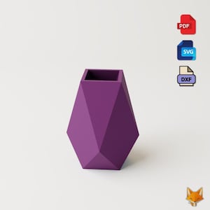 May include: A geometric, purple vase with a square opening. The vase has a faceted design and is set against a white background. The image also includes PDF, SVG, and DXF file type icons.