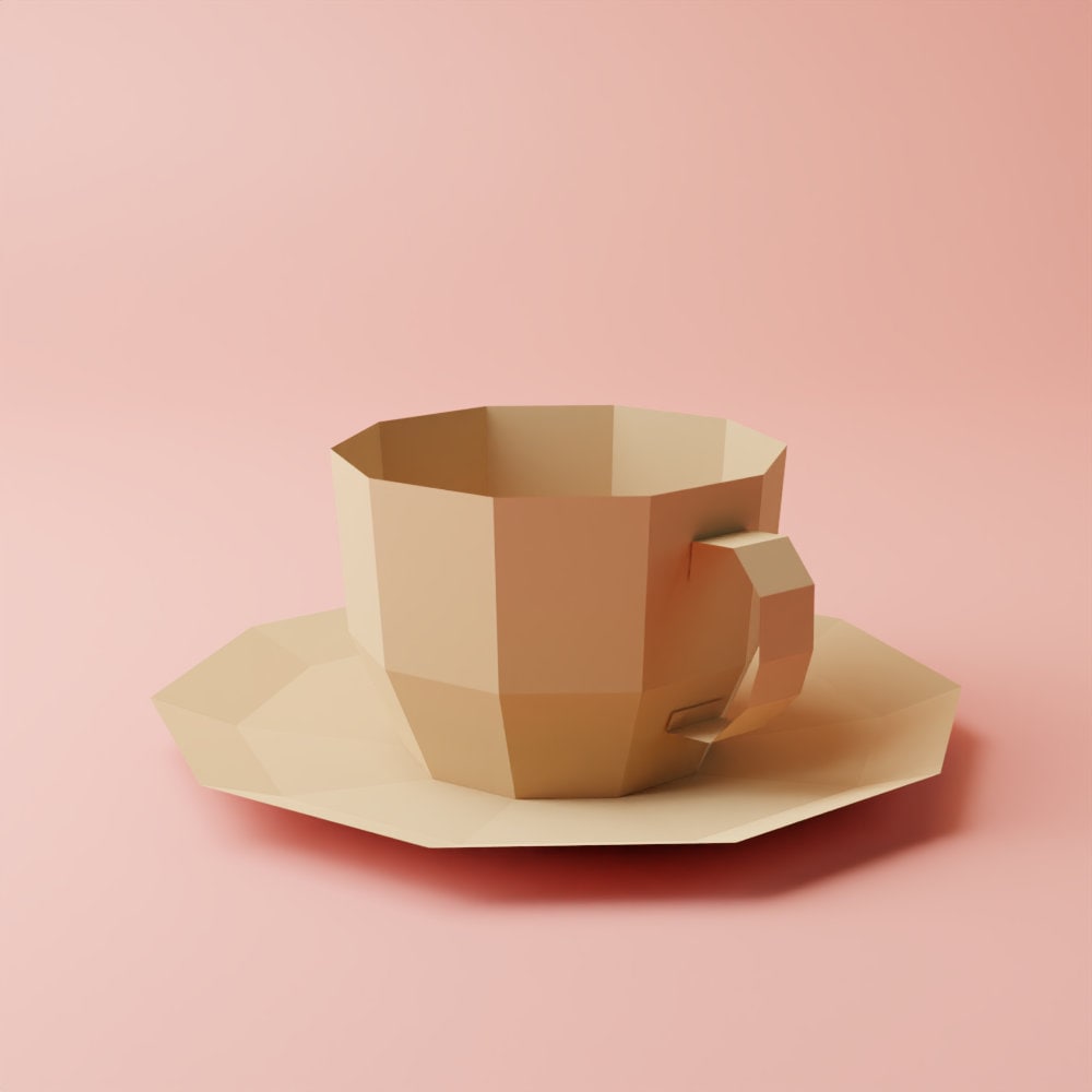 3d Teacup And Saucer LOW POLY DIY Model Template In Pdf, Dxf And Svg Format , Create Your Own Stunning Paper Craft Sculpture