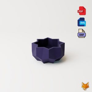 May include: A geometric, dark purple planter with a star-like shape. The planter has a faceted design and is set against a white background. The image also includes icons for PDF, SVG, and DXF file formats.