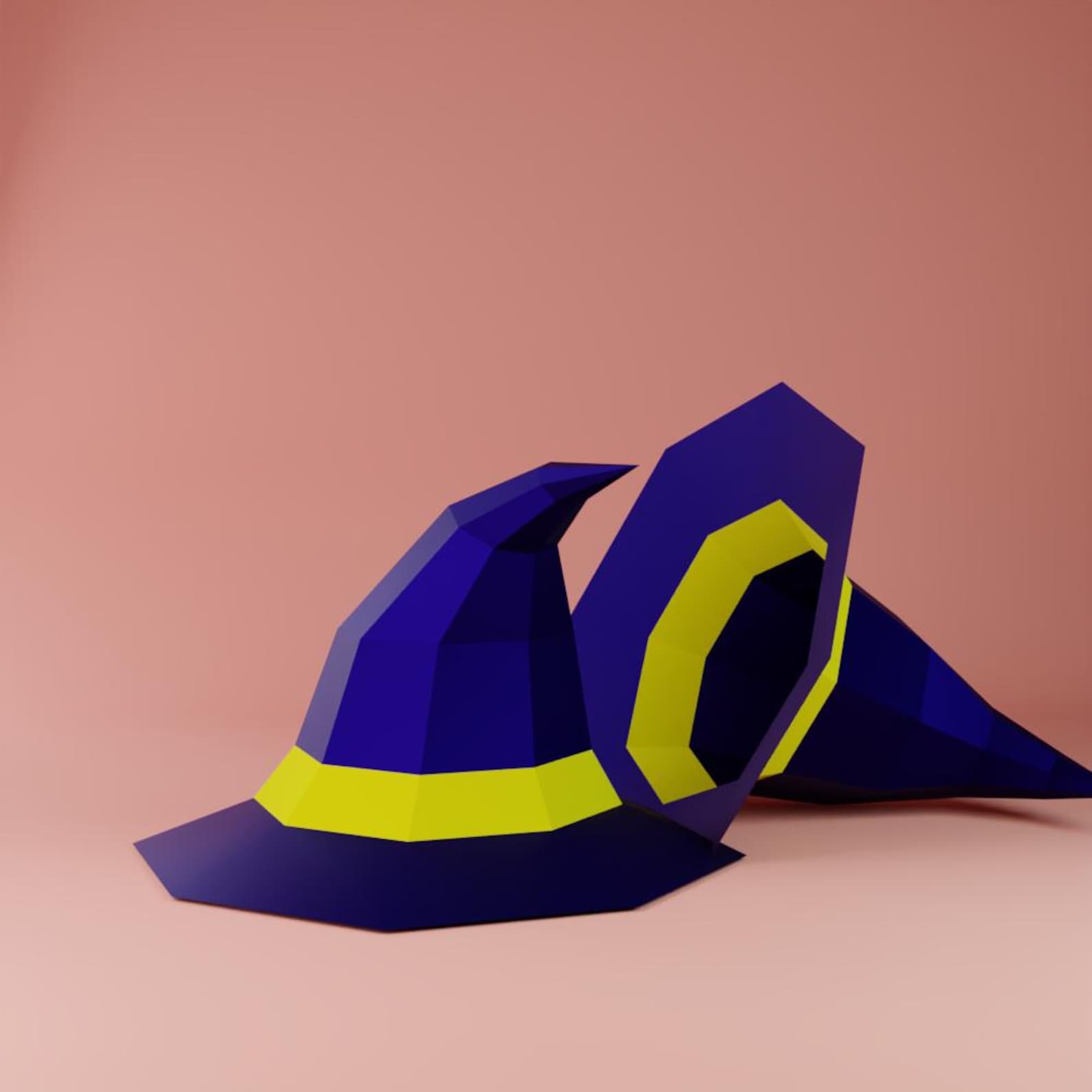 A Crooked, Faceted Witch Hat Purple low-poly paper witch hat model with a bent point and contrasting buckle.