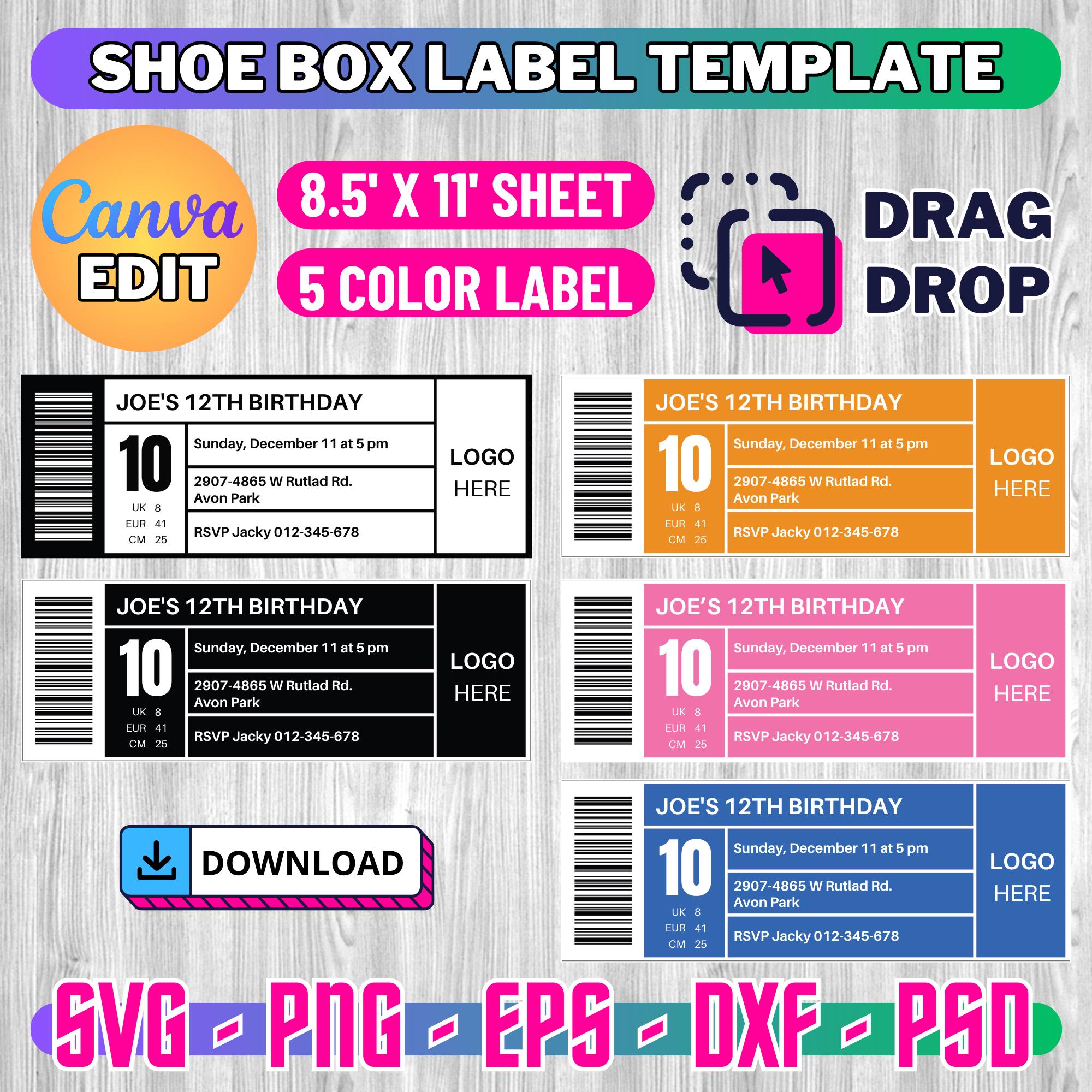 Shoe Box Label Template, Shoe Box Label Svg, Label Template svg, Label svg, Birthday box svg, Favor box label, Printable template