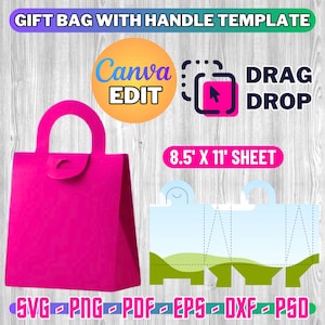 Modèle de sac cadeau, sac cadeau avec anse, modèle de sac en papier, sac cadeau Svg, sac cadeau Svg, sac cadeau d'anniversaire, cadeau pour une mère, toile modifiable