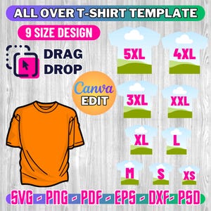 Plantilla de camiseta de 9 tamaños, paquete de plantillas de camiseta de 9 tamaños, plantilla de sublimación de camiseta, diseño de camiseta de toda la prenda, plantilla editable de Canva