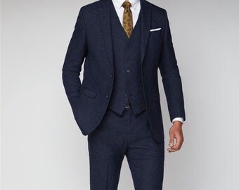 Navy BlueTweed Wool Three Piece Vintage Style  Mens Suit for Wedding, Winter, Groom wear and Groomsmen Suits, Business Suit