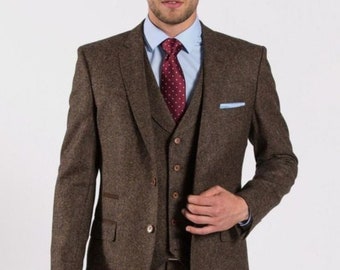 Bespoke Slim Fit Herringbone Tweed Wool Three Piece Vintage Style Brown Mens Suit for Wedding, Winter, Groom wear and Groomsmen Suit