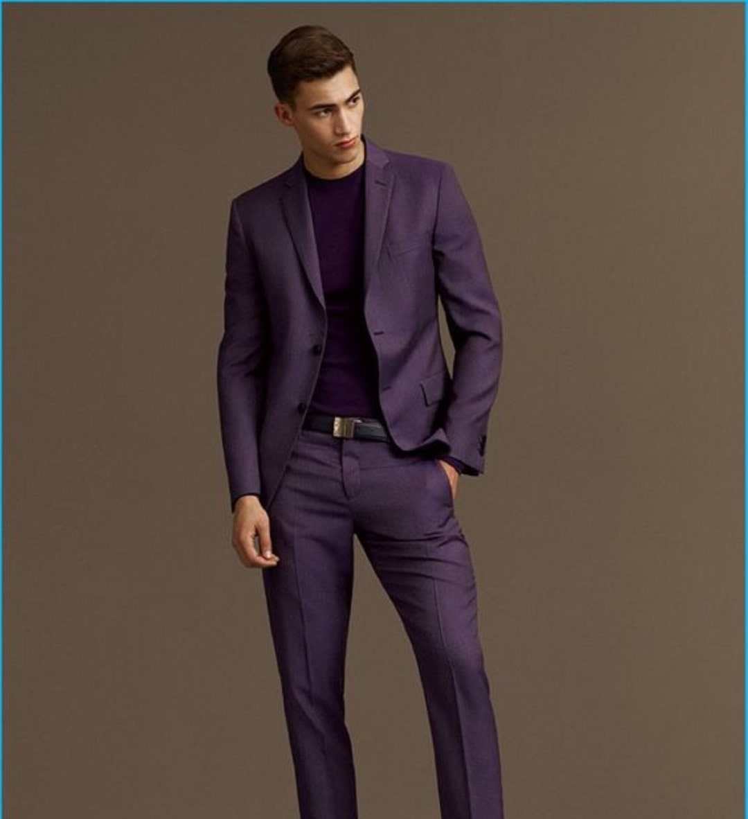 mens suit with purple tie