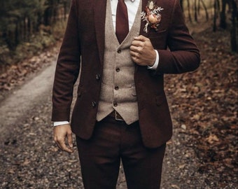 Tweed Wool Three Piece Vintage Style Brown Mens Suit for Wedding, Winter, Groom wear and Groomsmen Suits