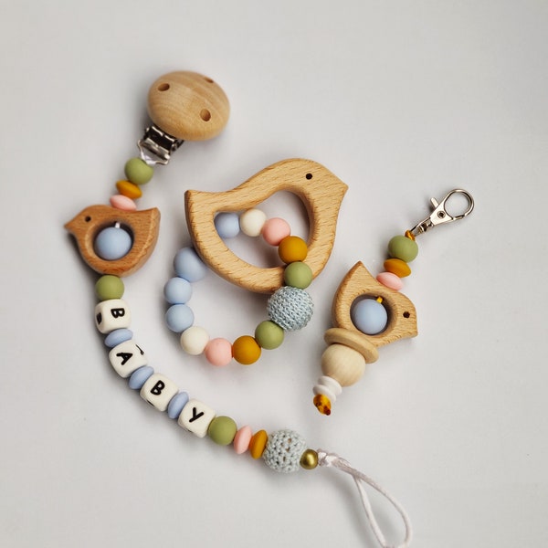 Bird Crochet Collection (or individual): pacifier holder (pacifier chain) with name, teethers & key ring