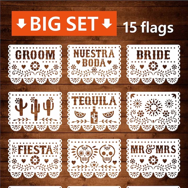 SET Papel Picado Cricut, Mexican Bunting Banner files for cut, Fiesta wedding party, file for papercut, lasercut, Cameo svg dxf ai png cdr