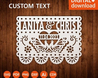 Custom Papel Picado Svg template, Mexican flag with custom name, Mexico wedding decor, file for Cricut papercut, lasercut svg dxf ai png cdr