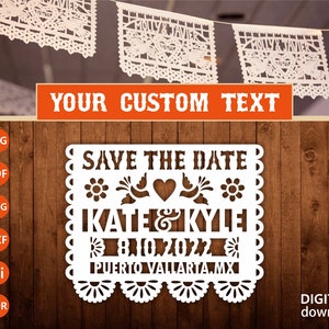 Papel Picado Save the Date svg template, mexico custom save the date card cut files for Cricut lasercut papercut Cameo (svg dxf ai eps cdr)