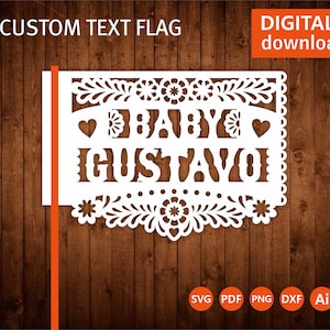 Modello di bandiera Papel Picado personalizzata in formato svg, bandiera messicana con nome personalizzato, decorazione Fiesta, file per Cricut papercut lasercut svg dxf ai png