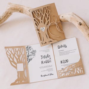 Modèle svg d'invitation de mariage arbre, invitation de poche trois volets, invitation rustique 5 x 7 pour Cricut, découpe laser, papercut, camée (svg dxf ai cdr)
