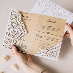 Modèle svg invitation rustique en dentelle, invitation trois volets en dentelle avec Rsvp pour mariage rustique Cricut, découpe laser, papercut, camée svg dxf ai cdr