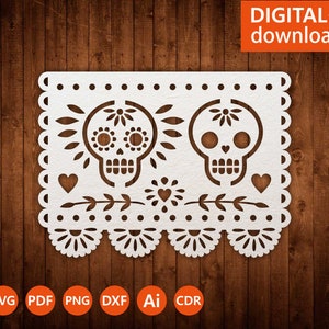 Svg Papel Picado Cricut, Mexicaanse vlag skeletten sjabloon, Mexicaans decor, Fiesta party, bestand voor papercut, lasercut, cameo svg dxf ai png cdr