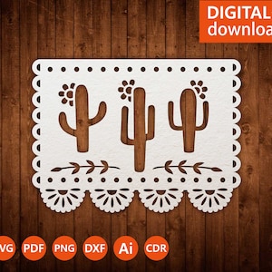 Svg Papel Picado Cricut, Mexican flag with cactus template, Mexican Fiesta Decor, file for papercut, lasercut, Cameo (svg dxf ai png cdr)