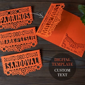 Plantilla de bolsillo con nombre personalizado de invitación de México en formato Svg, plantilla de triple pliegue para Cricut, archivo de invitación para Fiesta Papel Picado para Cricut lasercut Cameo svg dxf ai png cdr