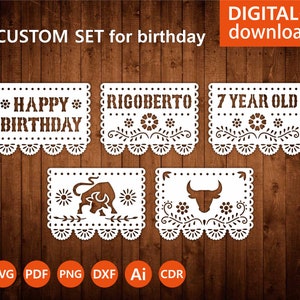 Papel Picado Mexican birthday SET Svg, flags with bull template, Mexican Decor, file for Cricut papercut lasercut Cameo (svg dxf ai png cdr)