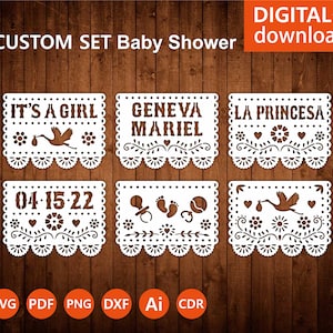 Baby Shower Papel Picado svg SET, bandiere messicane per modello baby shower, file di taglio per Cricut papercut lasercut Cameo svg dxf ai png cdr