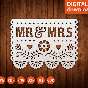 Svg Papel Picado Cricut, Mexican flag Ms & Mrs template, Mexican Decor, Fiesta party, file for papercut, lasercut, Cameo svg dxf ai png cdr