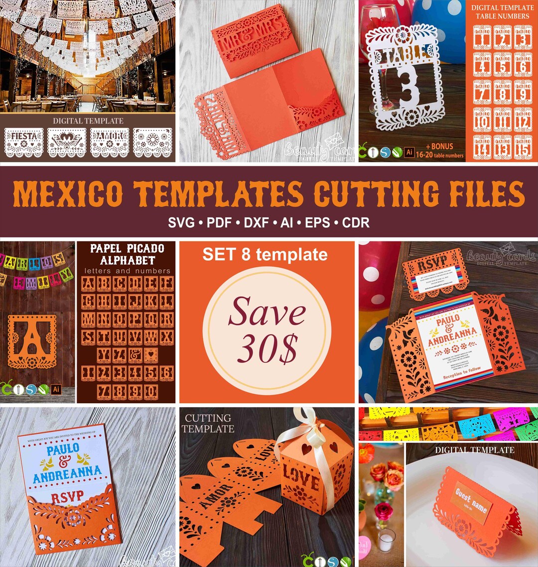 SET Mexican Templates: Invitations, Favor Box, Table Card, Papel Picado ...
