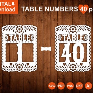 Modèle mexicain numéros de table pour décoration Fiesta 1-40, numéros de table Papel picado pour Cricut découpé au laser, svg, pdf, dxf ai