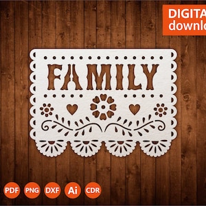Svg Papel Picado Cricut Family, Mexican Fiesta template, Mexican Decor, Fiesta party, file for papercut lasercut, Cameo svg dxf ai png cdr