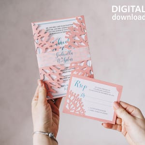 Modelo de convite coral SVG, cartão RSVP coral, convite para casamento na praia, dobradura Cricut, corte a laser, corte em papel Cameo (svg dxf ai cdr)