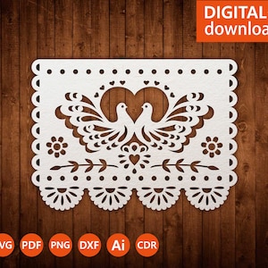 Svg Papel Picado Cricut, Mexican flag Love birds template, Mexican Decor, Fiesta party, file for papercut lasercut, Cameo svg dxf ai png cdr