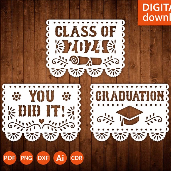 Graduation Party Decor CLASS OF 2024 Svg Papel Picado Vorlage svg, Fiesta Party, Papierschnitt, Lasercut, Cameo, Cricut (svg dxf ai png cdr)