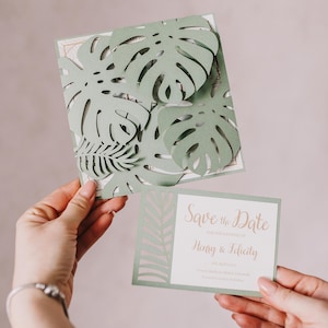 Plantilla de invitación de hojas tropicales de 4 pliegues, tarjeta tropical, invitación de 6 x 6 con forma de monstera cuadrada para Cricut, corte láser, corte de papel, Cameo svg dxf ai eps