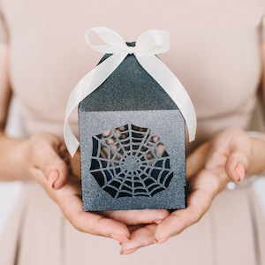 Modèle SVG boîte-cadeau Halloween, boîte de fête d'halloween toile d'araignée, boîte de bonbons gothique pour Cricut, découpe laser, papercut, camée (svg dxf ai cdr)