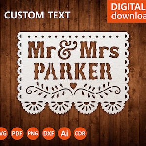 Papel Picado Svg template, Mexican flag Ms & Mrs with custom name, Mexican wedding decor, file for Cricut papercut lasercut svg dxf ai png
